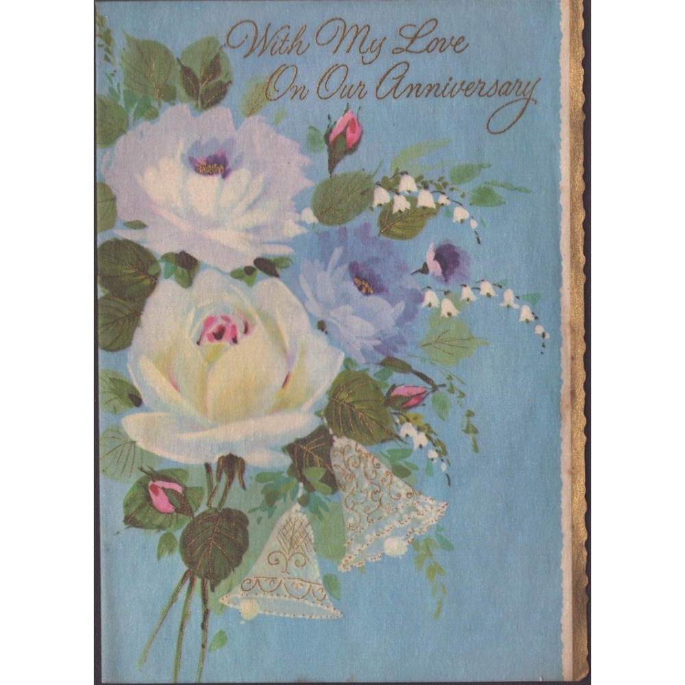 Vintage 1970 Norcross Anniversary Greeting Card Floral Roses Bells Used